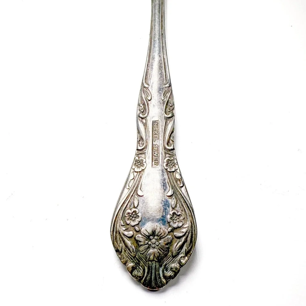 Floral Salad‎ Serving Fork & Spoon Set - Vintage 1920s-40s Nickel Silver Ornate